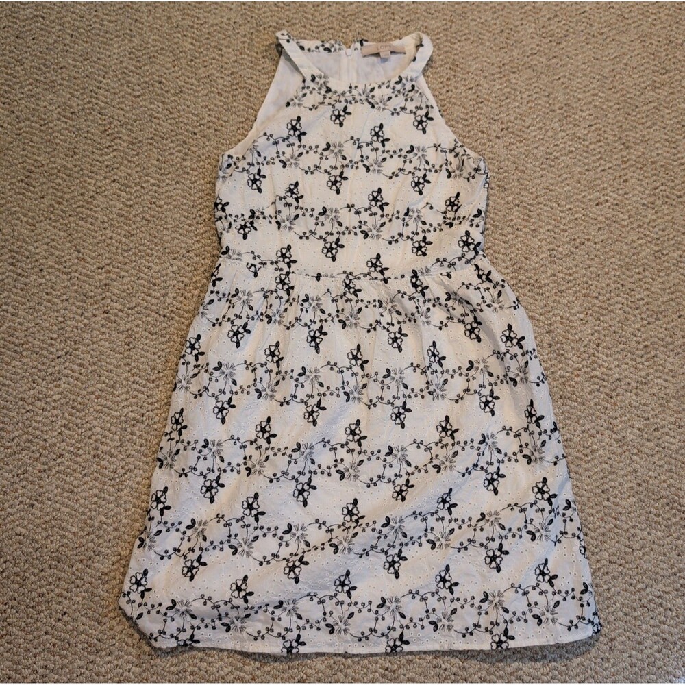LOFT Eyelet A Line Sleeveless Dress Womens Small White Black Floral Embroidered